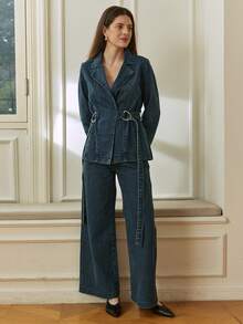 Dazy-Less Spring/Summer Romantic Design Loose Casual Commute Elegant Blue Shirt And Straight Leg Jeans Women 2-Piece Suit - Blue - View 4