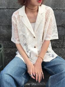 FRIFUL 女士纯色落肩前襟纽扣翻领休闲镂空时尚短袖西装外套（夏季款） - 米色 - 查看 5