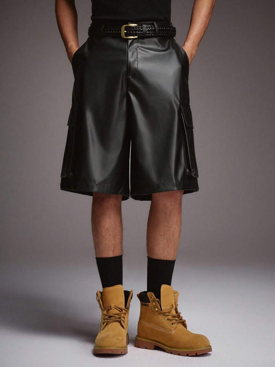 STYNVO Men's Street Fashion Pocket PU Shorts - Black - View 1