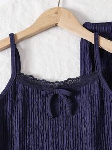 Tween Girls' Textured Camisole With Lace Trim & Straight Leg Pants Set, Knit Textured Outfit, Navy Blue,Kids - Royal Blue - View 3