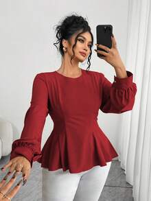 Elenzga Áo cánh dài tay cổ tròn nhún bèo thanh lịch cỡ lớn dành cho nữ - Đỏ - Xem 3