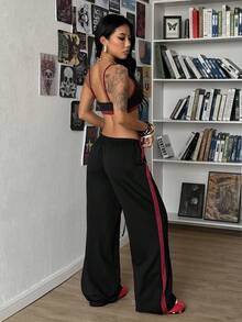 StreetHx 2pcs/Set Streetwear Women Contrast Color Patchwork Print Camisole And Sports Sweatpants, Spring/Summer - Black - View 2