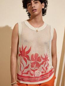 Felipe Marques Chaleco holgado de punto con estampado floral y color contrastante para hombre, casual para otoño, invierno, primavera, vacaciones, fiesta en la playa, resort de isla - Albaricoque - Ver 3