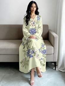 SHEIN Najma 女士花卉枝条几何刺绣复古印花V领长袖优雅阿拉伯风格长款连衣裙，春夏款 - 彩色 - 查看 3