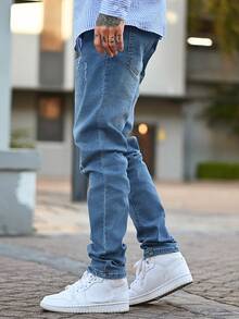 Devon Thys 男式紧身破洞牛仔裤，弹力休闲修身裤 - 藍色 - 查看 3