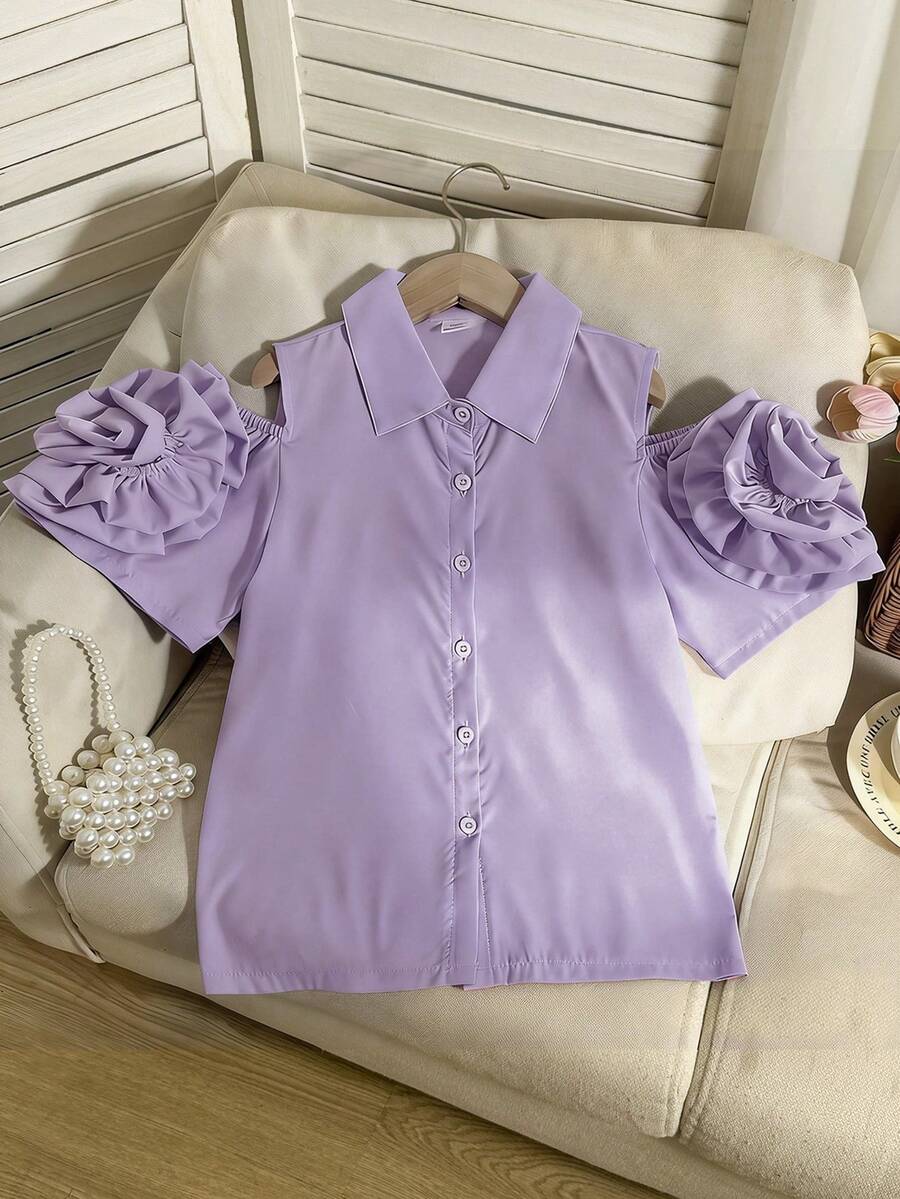 SHEIN Tween Girls' Summer Casual Solid Color Floral 3D Decor Off-Shoulder Blouse - Purple - View 1