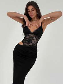 Aloruh Women's Sexy Spaghetti Strap Deep V Lace Patchwork Dress, Spring/Summer,Summer Dresses For Women - Black - View 9