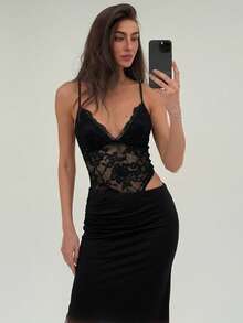 Aloruh Women's Sexy Spaghetti Strap Deep V Lace Patchwork Dress, Spring/Summer,Summer Dresses For Women - Black - View 7