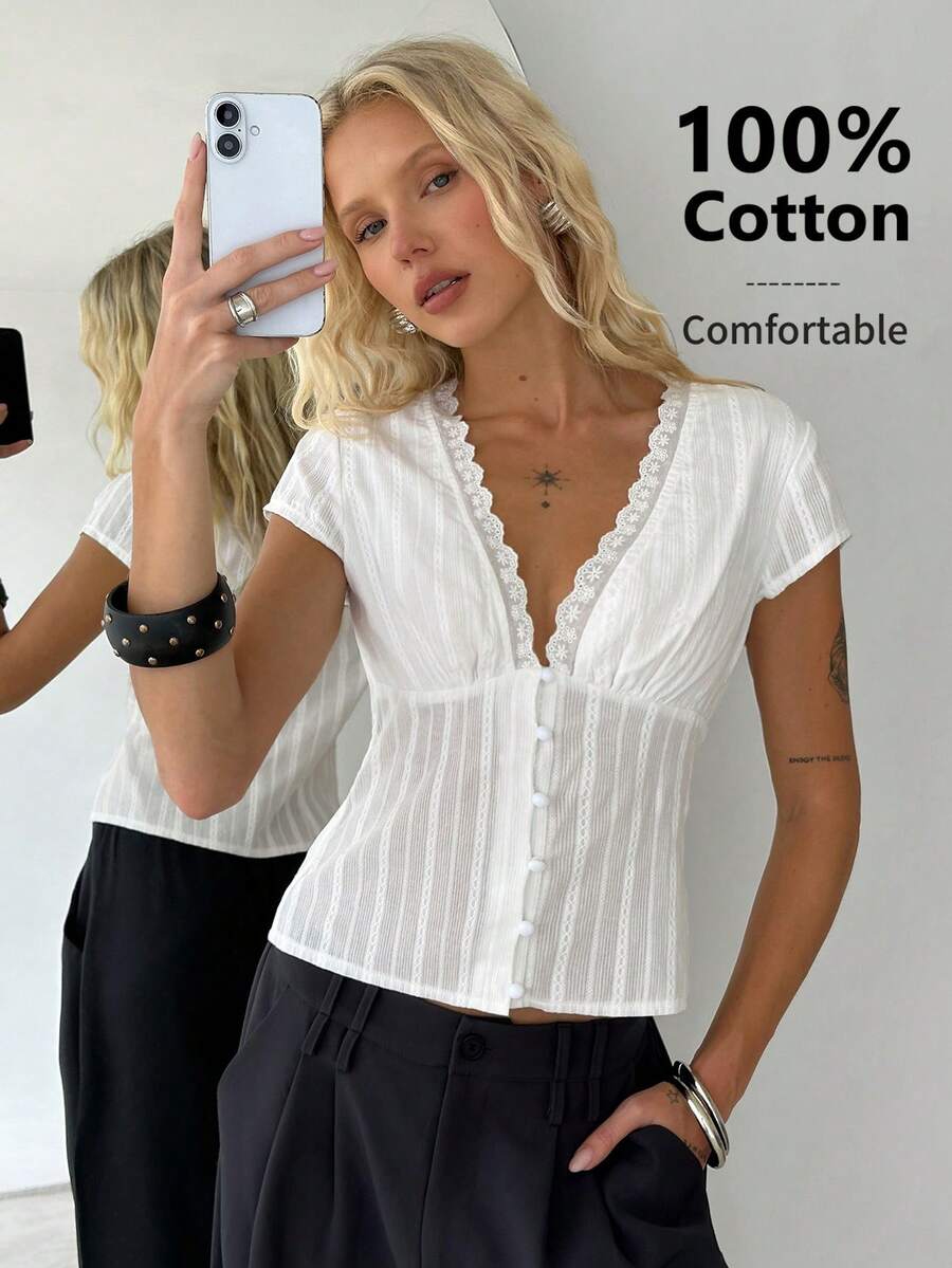 TRNVIE Áo sơ mi nữ màu trắng bằng cotton, chất liệu có họa tiết, cổ áo ren, cài cúc, tay ngắn, xếp ly, ôm dáng, thích hợp cho các hoạt động thường ngày, đi làm, hoặc đi nghỉ mát mùa hè theo phong cách boho. - trắng - Xem 1