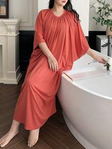Dazy Plus Plus Size Women's Solid Color Batwing Sleeve Pleated Loose Long Nightgown, Spring/Summer/Autumn - Burnt Orange - View 6