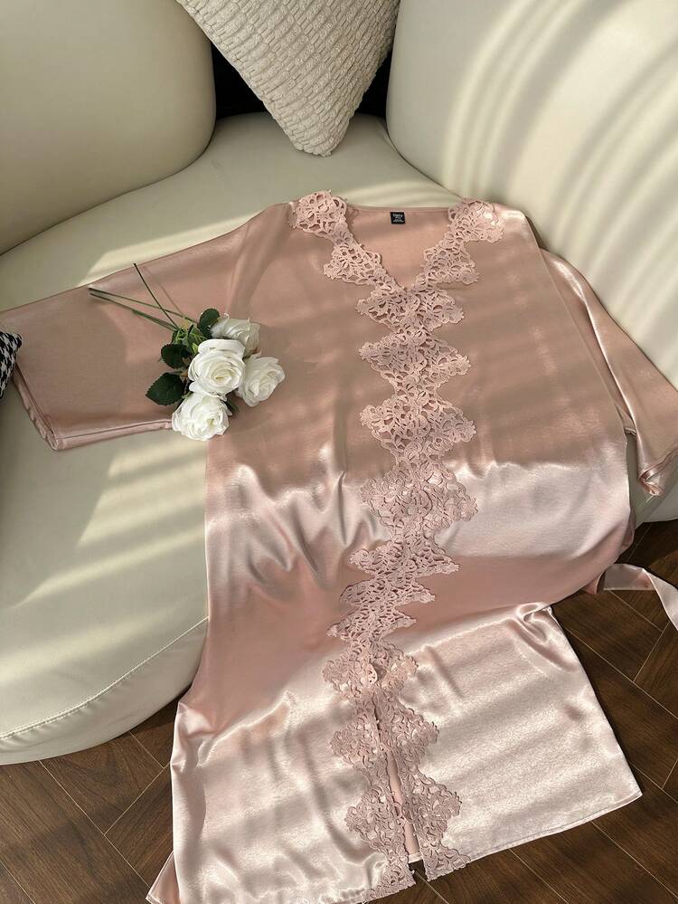 Dazy Plus Contrast Lace Tie-Up Elegant Satin Long Sleeve Plus Size Women Nightgown