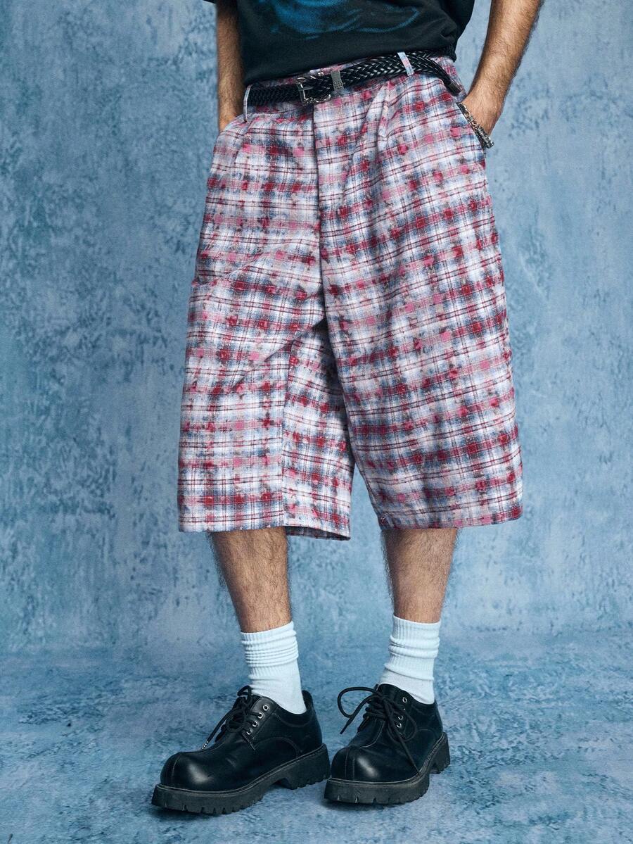 ROMWE MEN Street Life 男士格子口袋褶皱宽松休闲短裤 - 紅色 - 查看 1
