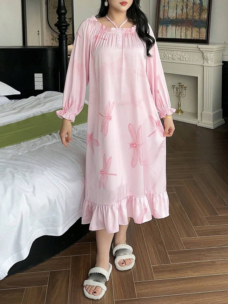Dazy Plus Plus Size Women's Spring/Autumn Dragonfly Print Ruffle Halter Neck Flare Sleeve Loose Nightgown