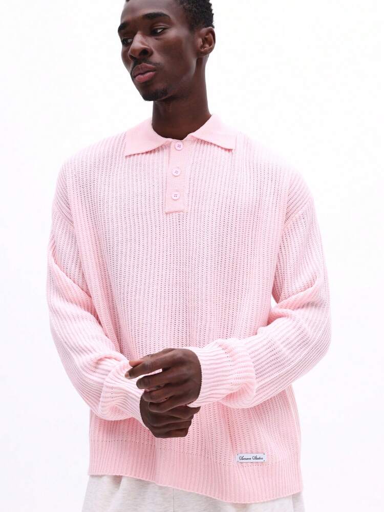 Ribbed Knit Polo Sweater With Button Placket