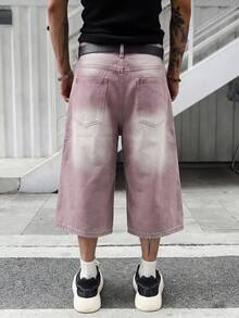 Manfinity EMRG Men's Casual Pocketed Button Fly Wide Leg 3/4 Length Jeans, Versatile For Daily Wear - Pink - View 2