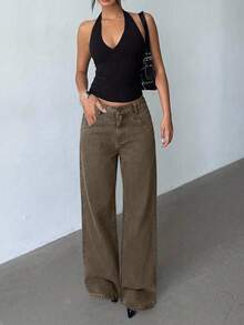 Aloruh Women's Pocket Button Casual Versatile Daily Wear Wide Leg Jeans - Coffee Brown - View 3