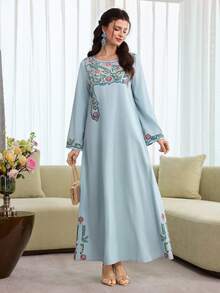 Al Najma Digital Print Elegant Loose Blue Everyday Turkish Maxi Dress & Arabic Traditional Abaya - Blue - View 4