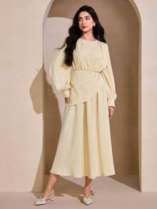 Graceveil 淡黄色优雅褶皱腰带领长袖飘逸连衣裙 - 黃色 - 查看 6