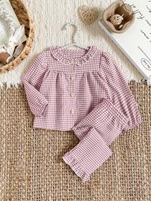 SHEIN 2pcs Baby Girls' Pink Plaid Cardigan Set, Comfortable Loose Fit With Ruffle Hem Design, Cute & Casual Outfit - Hot Pink - View 1