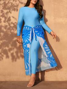 Swim Mulvari 3pcs Plus Size Solid Color Tankini Swimwear Set With Zipper Back Top, Solid Color Pants, And Printed Skirt, Middle Eastern Style - Blue - View 4
