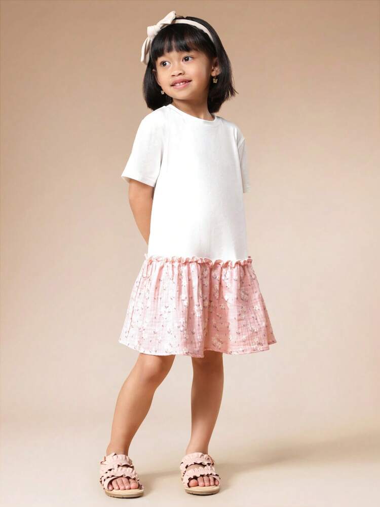 Short Sleeve Dress With Floral Print Skirt