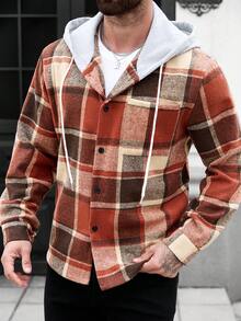 Manfinity Homme Áo khoác nam cỡ lớn kẻ caro có mũ trùm đầu, dây rút, kiểu dáng thường ngày, không kèm áo thun bên trong, quà tặng cho bạn trai. - Nhiều màu - Xem 4