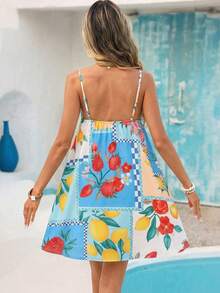 Vivid Eden 女士夏季休闲度假拼接水果印花宽松吊带连衣裙 - 藍色 - 查看 2