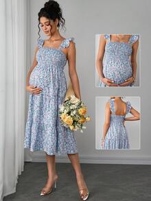 Momance Maternity Sleeveless Square Neck Ruffle Hem Casual Bohemian Midi Dress, Suitable For Baby Shower Photo Shoot - Multicolor - View 1