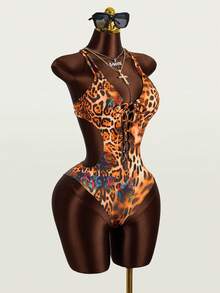 Zestiva Damen sexy Leoparden-Muster Hollow One-Piece Badeanzug, geeignet für Strand & Resort Wear, Sommer Damen Badeanzüge Damen Bademode Leoparden-Muster Badeanzug One Piece Badeanzug mit Schnürung vorne - Verschiedenfarbig - Übersicht 5