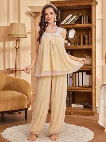 SHEIN 2pcs Lace & Mesh Patchwork Camisole Pajama Set, Summer - Yellow - View 4