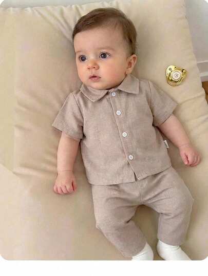 Newborn Baby Boy Casual Vacation Cute Apricot Short Sleeve Shirt & Elastic Waist Pants Set