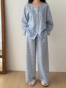 DAZY 碎花荷叶边宽松女士睡衣套装 - 藍色 - 查看 5