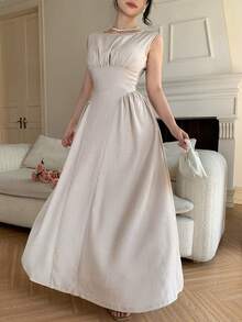 DAZY Women's Elegant Solid Color Waist Cinched Sleeveless Dress Summer Maxi Dress Sundress - Khaki - View 4