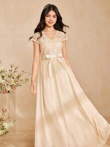 Elegant Lace & Chiffon V-Neck Cap Sleeve Waist Fit Flare Dress, Suitable For Bridesmaids, Prom, Birthday Party, Banquet, All Seasons - Apricot - View 7