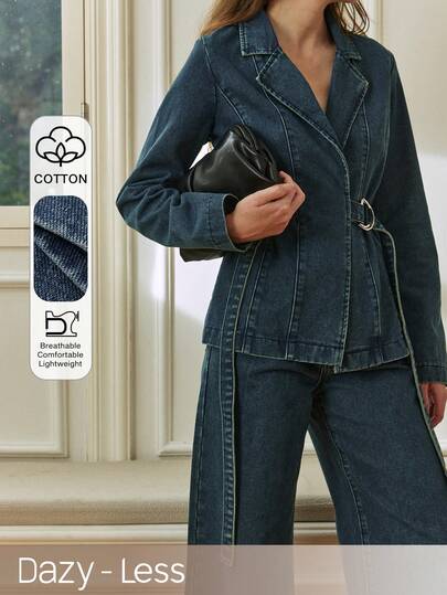 Dazy-Less Spring/Summer Romantic Design Loose Casual Commute Elegant Blue Shirt And Straight Leg Jeans Women 2-Piece Suit