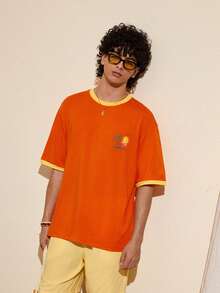 Felipe Marques Men's Animal & Plant Print Short Sleeve Loose T-Shirt, Orange & Yellow, Casual For Spring, Summer, Vacation, Party, Beach - Orange - View 2