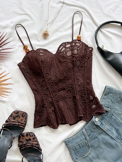 Soleia Spring/Summer New Casual Vacation Western Beach Wedding Guest Attire Graduation Brunch Women's, Suitable For St. Patrick's Day, Spring Break, Easter, Music Festivals, Elegant Boho Tropical Sleeveless Top With Textured Beaded Decor, Backless Tie Design, Date Wear,Brown Top,Party Top