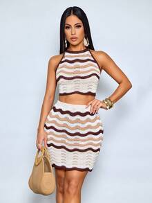 SOLERSUN Women's Spring/Summer Fashion Crochet Long Skirt Set: Striped Halter Neck Tie Knit Top, Striped Fitted Knit Skirt With Slit And Fan-Shaped Hem, Suitable For Everyday Casual Wear, Parties, And The Beach. - Brown - View 1