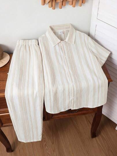 Set de 2 piezas de camiseta polo de manga corta con cuello y pantalones de cintura elástica con patrón de onda de textura suave, cómodo y de moda minimalista para niño preadolescente, adecuado para otoño, primavera, verano, uso diario, juegos al aire libre, escuela, estilo callejero, fiesta y ocio