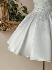 Lovelzi Elegant Fashion White Satin Mesh Patchwork Strapless Pearl Decor A-Line Formal Party Dress, Wedding Guest Bachelorette Prom Bridal Shower - White - View 6