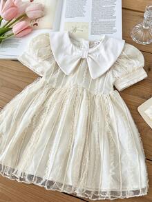 SHEIN LMoss Kids 女婴法式优雅荷叶边领花瓣袖网纱连衣裙 - 白色 - 查看 6