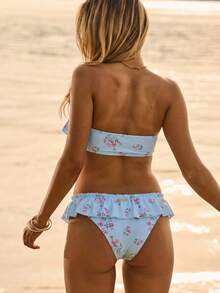 Aralina Summer Resort Vacation Beach Western Ruffle Pink Floral Bandeau Strapless Bikini Set With Swim Bag - Baby Blue - View 5