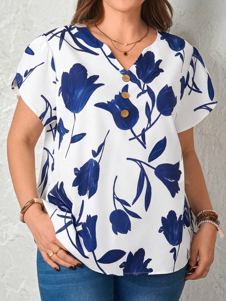 Plus Size Women Floral Print Button Design Short Sleeve Casual Shirt/Summer/Vacation Women's Tops And Blouses Plus Size Summer Shirts Women's Tops For Summer Plus Size Shirts For Women Summer Outfits For Women Beach Outfit For Women Casual Vacation Outfits Women Country Concert Outfit Peplum