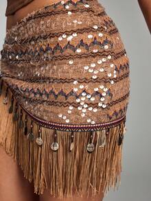 ROMWE Women's Retro Hippie Western Music Festival Sheer Glitter Fringe Hem Tie Waist Cover Up Skirt - Multicolor - View 5