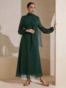 Graceveil Elegant Lace-Up Long Sleeve Green Chiffon Dress For Women - Green - View 5