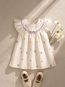 Souflis Souflis Baby Girls' Summer New Striped Cherry Print Flutter Sleeve Ruffle Collar Red Trim Bow Decor Back Placket Simple Fashion Princess Dress - Multicolor - View 2