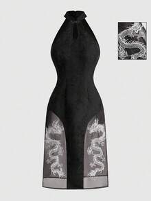 ROMWE Avant Spring/Summervalentine's DaygraphicChinese Style Water Drop Collar Dragon Embroidery Slit Sexy Dress - Black - View 9