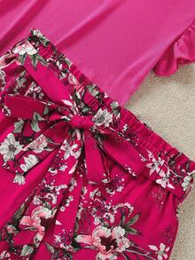 SHEIN LUNE 大码纯色圆领上衣和印花短裤两件套，女童夏季套装，女童春季服装，女士夏季两件套，女童碎花短裤套装，女童荷叶边袖上衣，儿童女童服装，幼儿女童短裤套装 - 玫紅色 - 查看 7