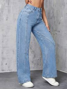 SHEIN EZwear 休闲水洗高腰直筒牛仔裤 - 淺色水洗藍 - 查看 4