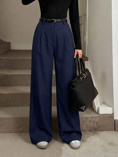 SHEIN Tall Pantalones plegados elegantes con bolsillos para maestras, pantalones grises de otoño/invierno de talle alto, pantalones anchos, pantalones sueltos, pantalones holgados, pantalones grises para negocios y profesionales, pantalones anchos para mujer, ropa de mujer para otoño e invierno, ropa de salida para mujer